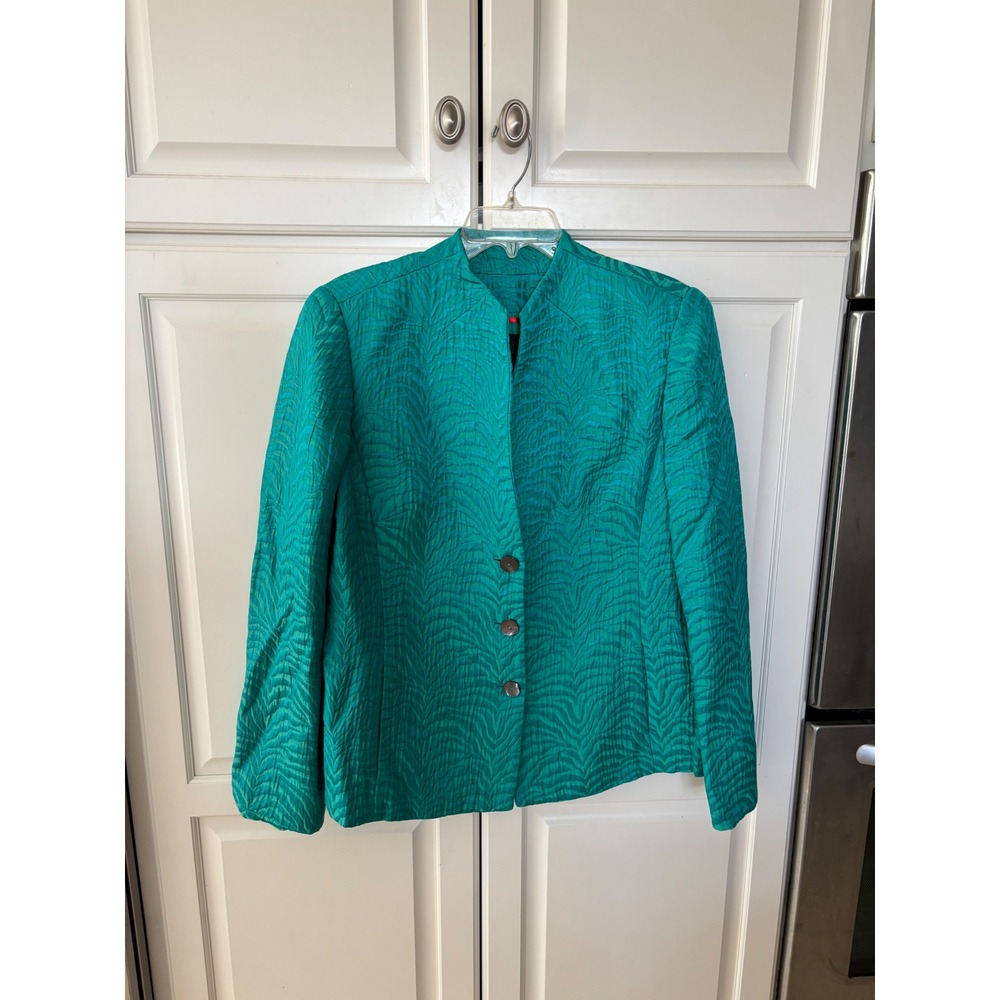 Nina McLemore Silk Blazer‎ Green Zebra Jacquard Mandarin Collar Jacket Womens 16